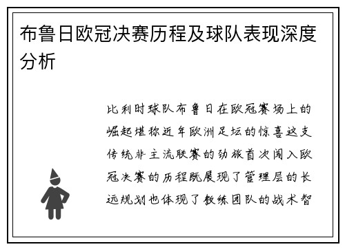 布鲁日欧冠决赛历程及球队表现深度分析